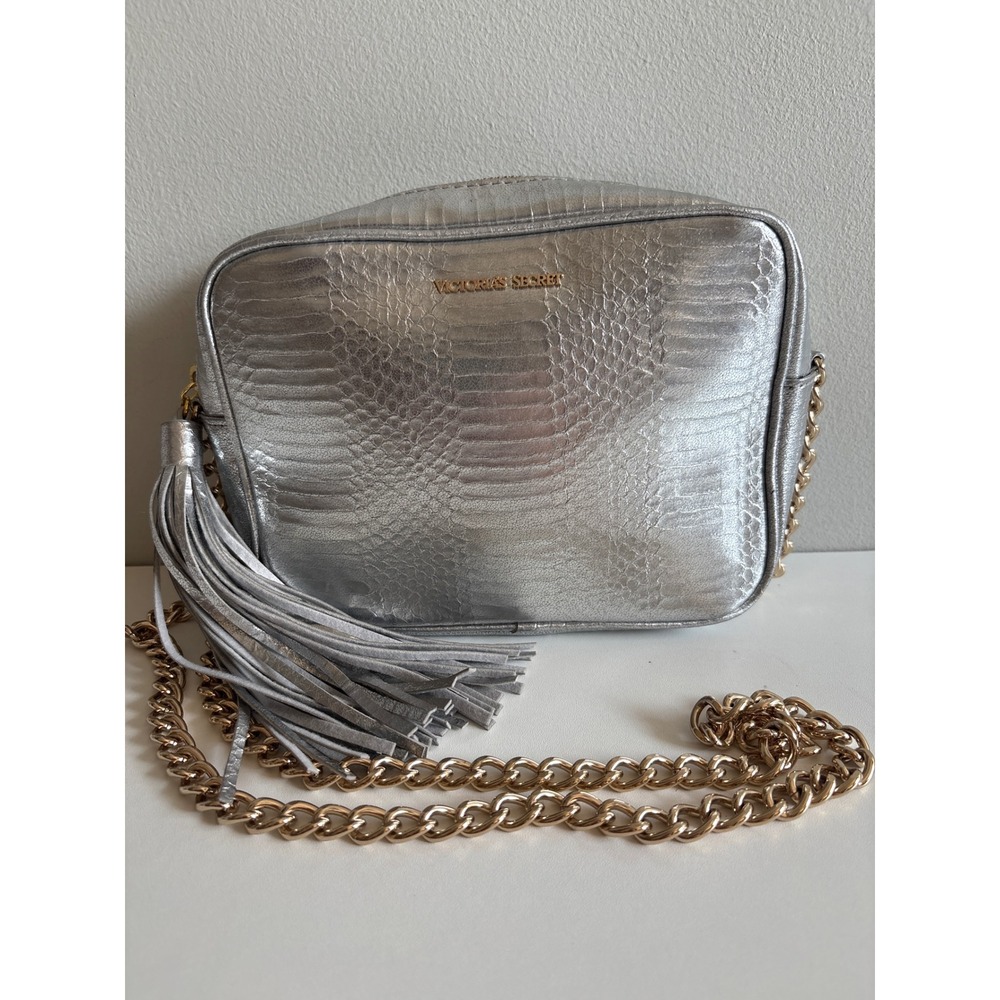 Victoria's Secret Metallic Silver Snakeskin Crossbody Camera Bag